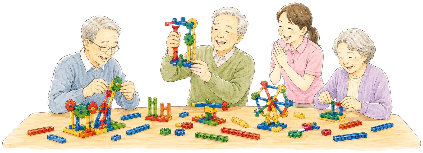 高齢者たちがテーブルを囲んでブロックレクリエーションを楽しむ様子