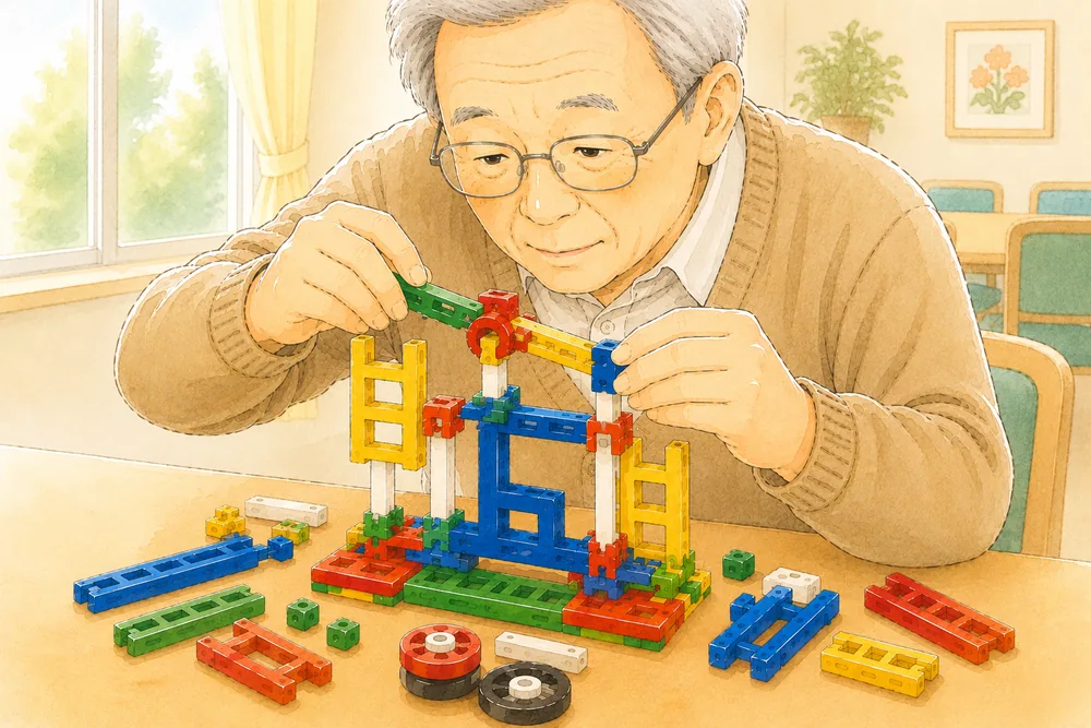 男性利用者がブロックを組み立てる様子