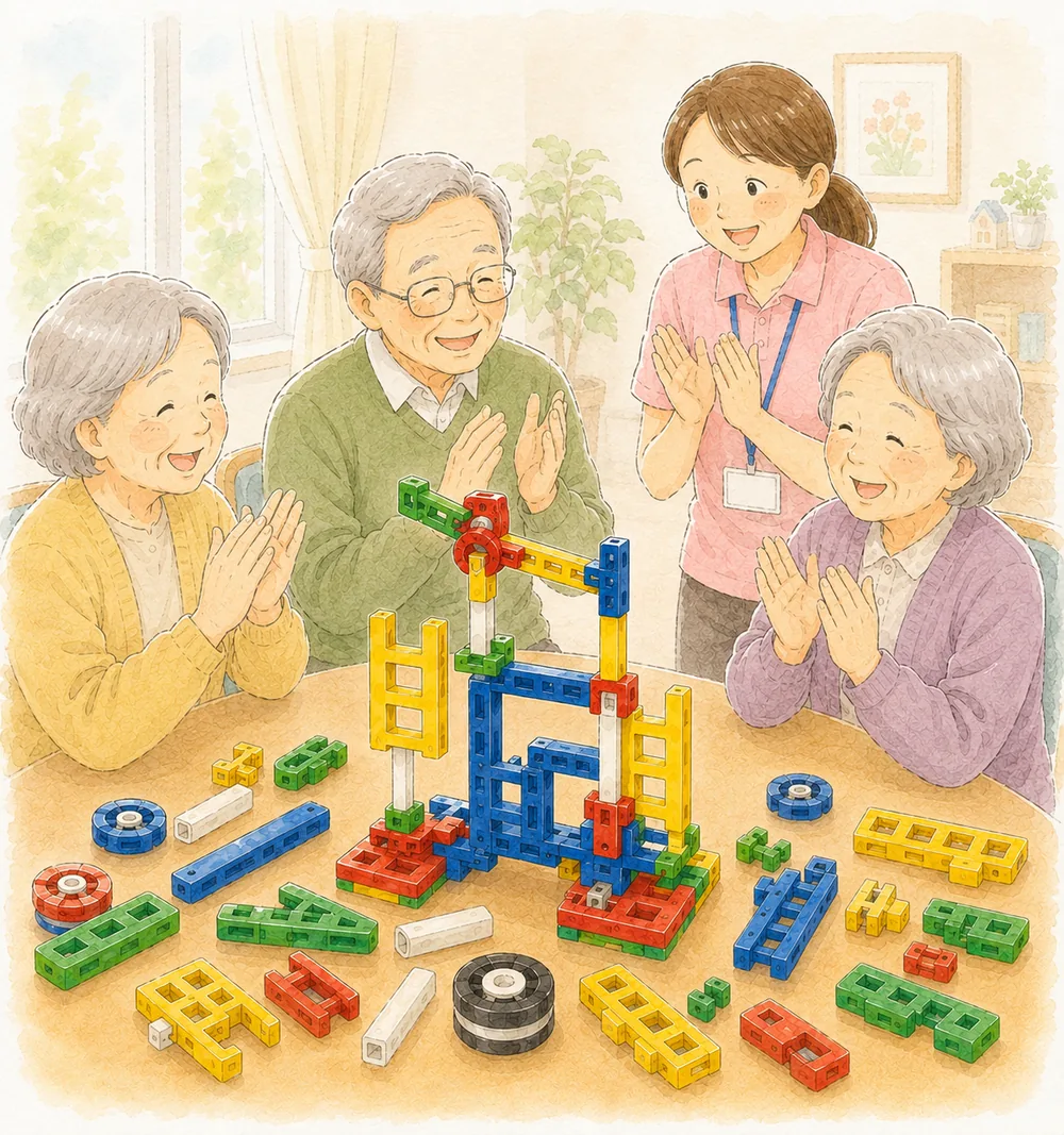 完成品を囲んで利用者と職員が拍手している場面