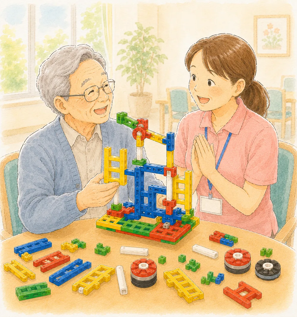 笑顔の利用者が職員に話しかけている場面
